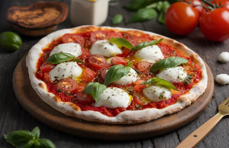 Pizza con pomodoro, mozzarella e basilico